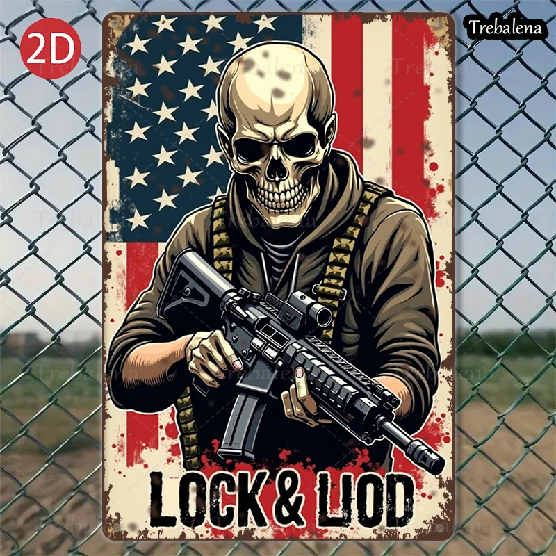

1PC 2D Flat 8*12inch Metal Sign Skull Soldier Lock and Load American Flag Art