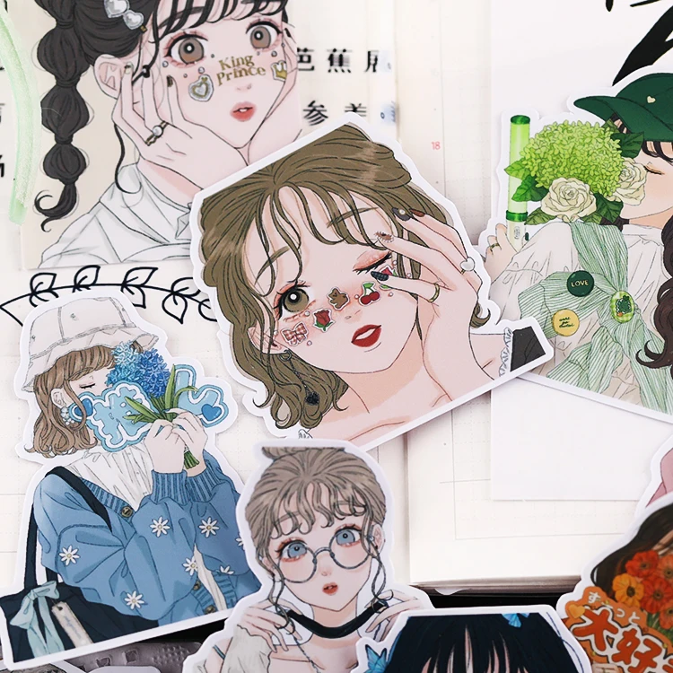 Pegatinas de 20 piezas para manualidades, pegatinas de dibujos animados, Anime, chica, flor, sombra, chica, corazón, lindo, Material decorativo