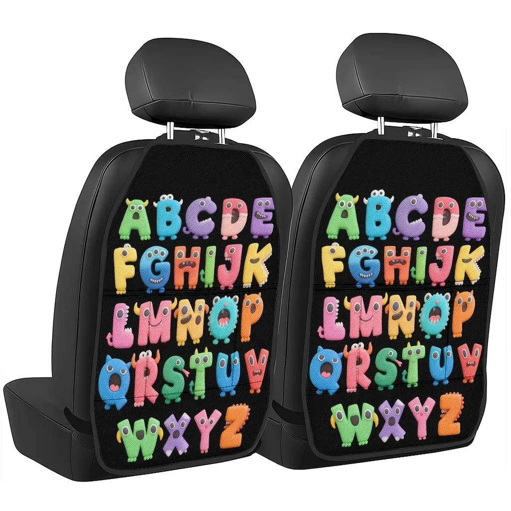 2pcs 2D Printed Car Seat Back Protector Pads Colorful Monster Alphabet Theme Pattern Printed Car Seat Back Protector Pads - Anti