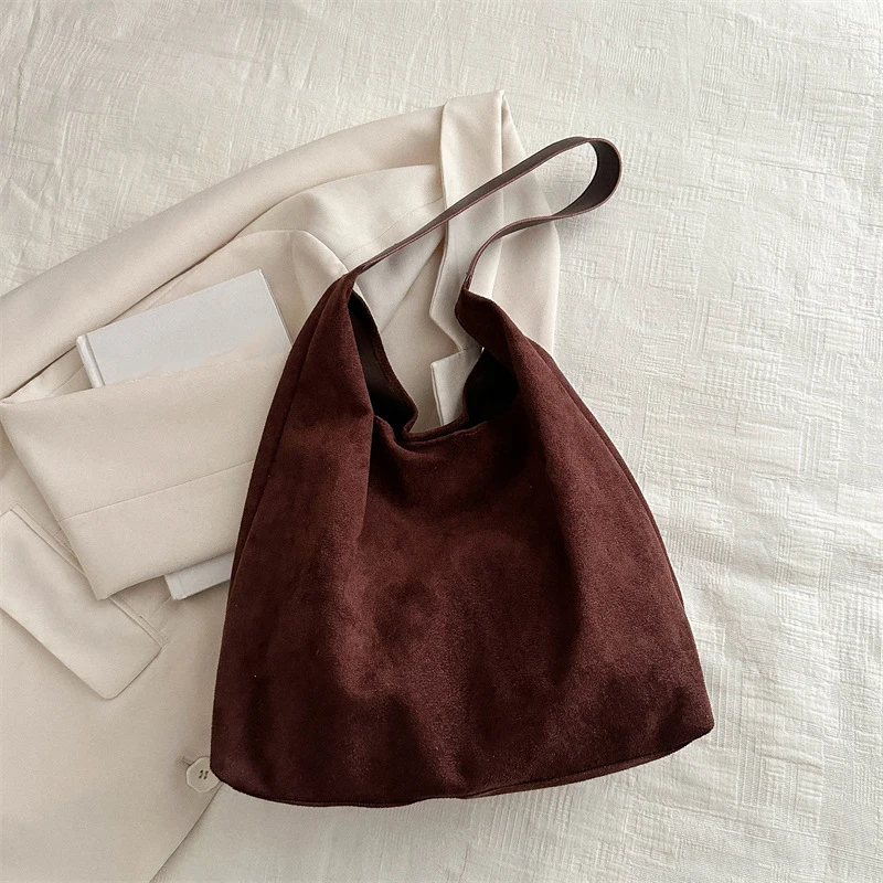 Vintage Damentasche, große Kapazität, Wildleder-Umhängetasche, einfarbig, schlichtes Design, lässige Pendler-Shopper-Tasche – Detail 4