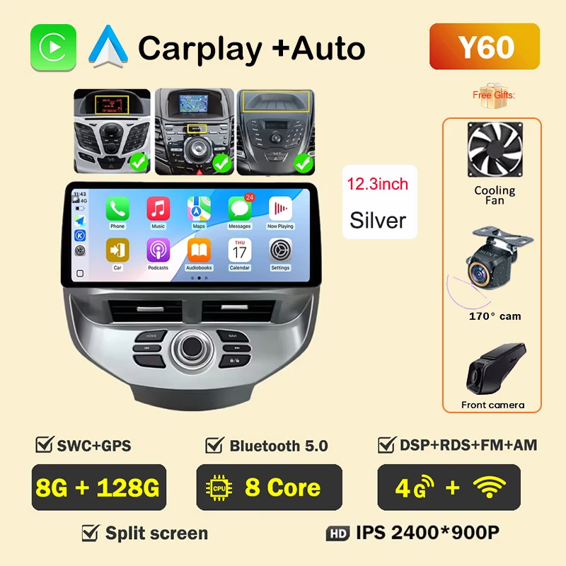 12.3 inch Autoradio Voor Ford Fiesta MK6 MK7 2009-2016 LHD RHD Android Multimedia Video Player GPS draadloze Carplay QLED Scherm