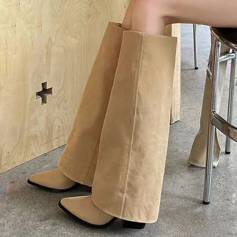 Knee High Heels Women Boots Leather Chunky Fashion Shoes Pointed Toe Snow Long Boots New Designer Pumps Punk Chelsea Botas Mujer image 2