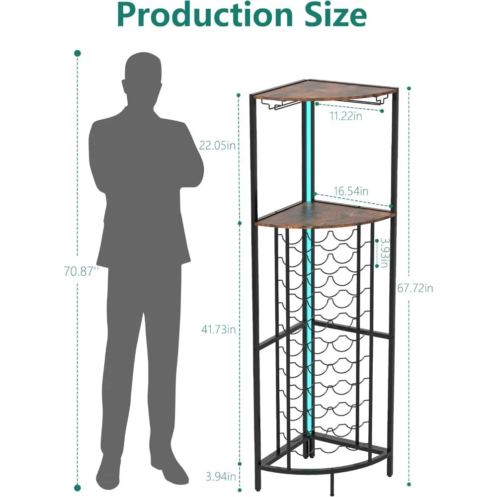ชั้นวางไวน์แบบมุมพร้อมไฟ LED, ชั้นวางไวน์ 30 ขวด, ตู้บาร์แบบตั้งพื้นมุมพร้อมที่วางแก้วและชั้นเก็บของ