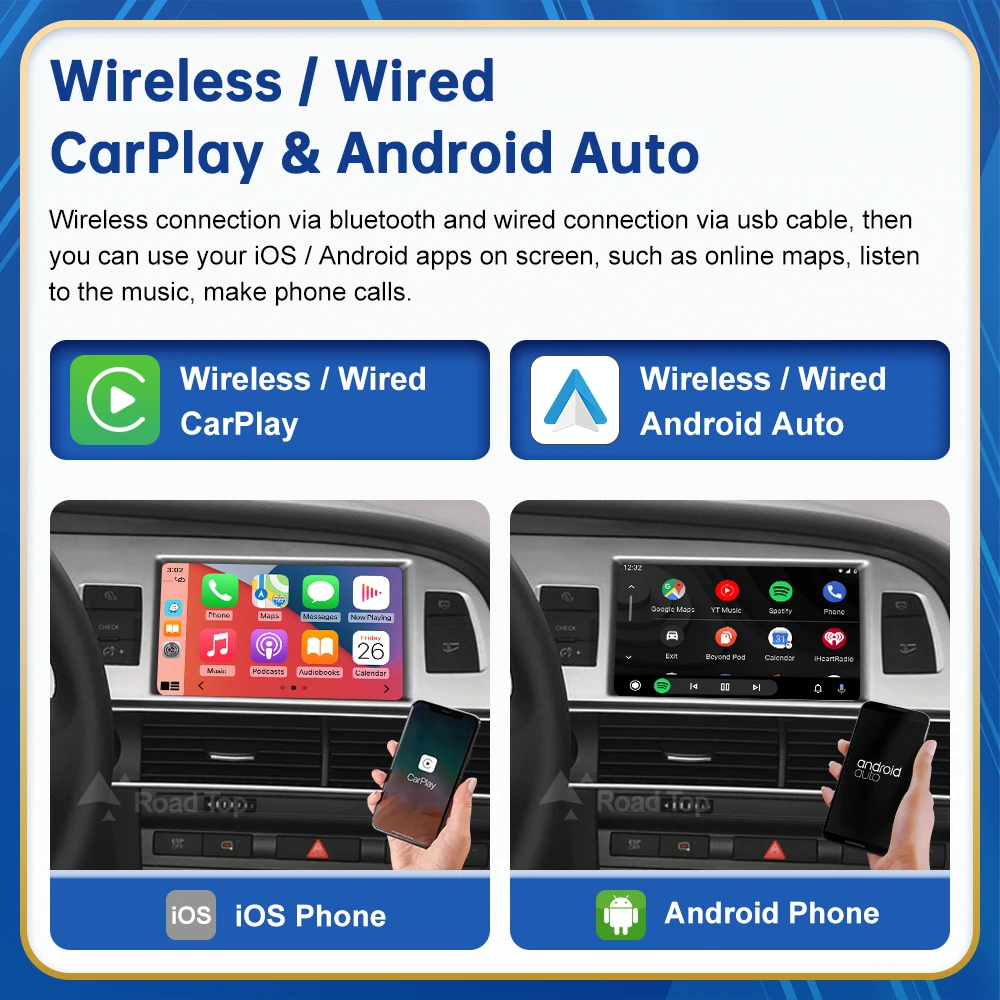 الطريق العلوي اللاسلكية أندرويد السيارات لأودي سيارة A6 C6 3G MMI 2010-2011 Carplay واجهة مرآة ربط الهواء اللعب