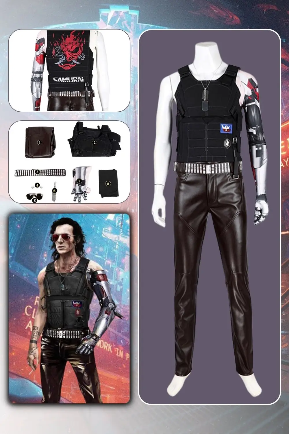 Johnny Cos Silber hand Spiel 2077 Cosplay Kostüm Hosen Westen Westen Bund Set Halloween Karneval Anzug für Verkleidung männliche Männer Erwachsene