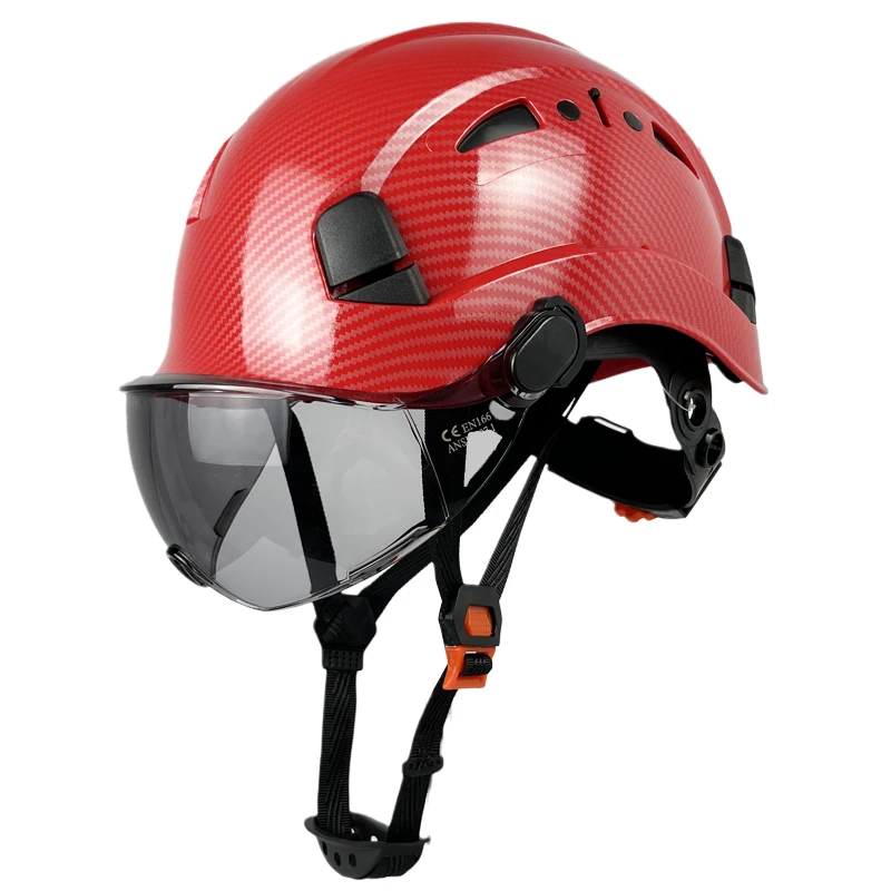 Carbon Fiber Pattern Safety Helmet with Visor Goggle for Men, Industrial Work, Construction Hard Hat, ABS Cap, CE EN397