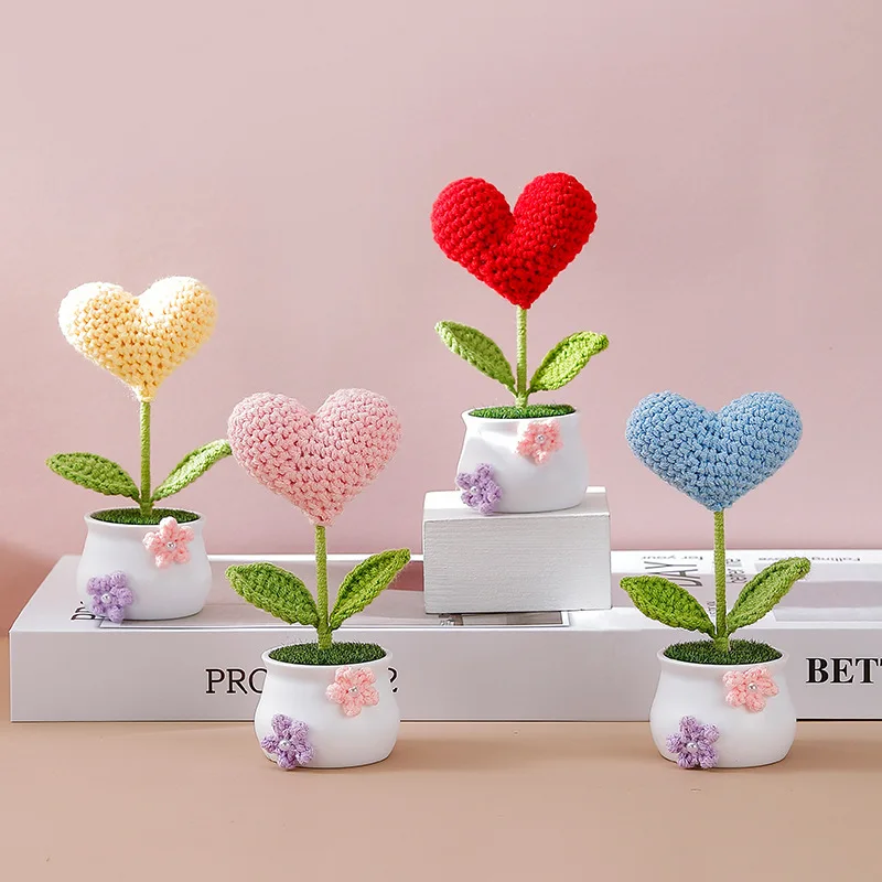 اليدوية الكروشيه شكل قلب بوعاء النباتات المحشوة الانتهاء المنسوجة باقة ديكور المنزل سطح المكتب هدايا عيد الميلاد التخرج
