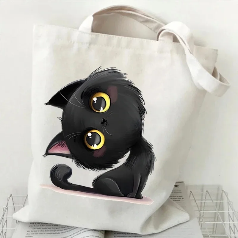 Anime Black Cat Print Canvas Bag Tote Bag Women Graphic Casual Fashion Teen Handbag Cartoon Kitten Ladies  Travel Shopping Bag view 3