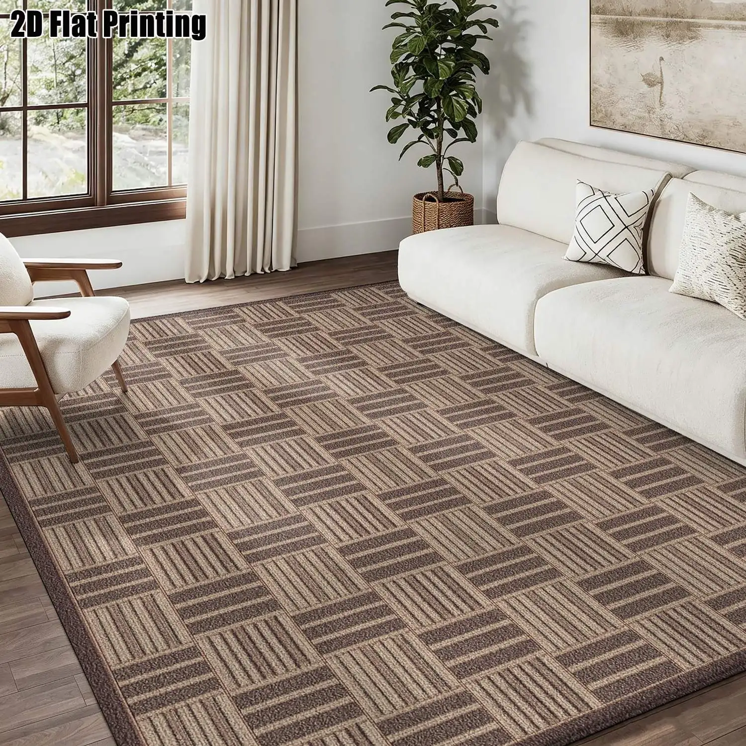 1Pc 2D Printed Light Brown Geometric Stripe Nordic Modern Minimalist Vintage Carpet, Multi-Size Machine Washable, for Entrance, Dining Room, Foyer, Bedroom, Study, Living Room Home Decor