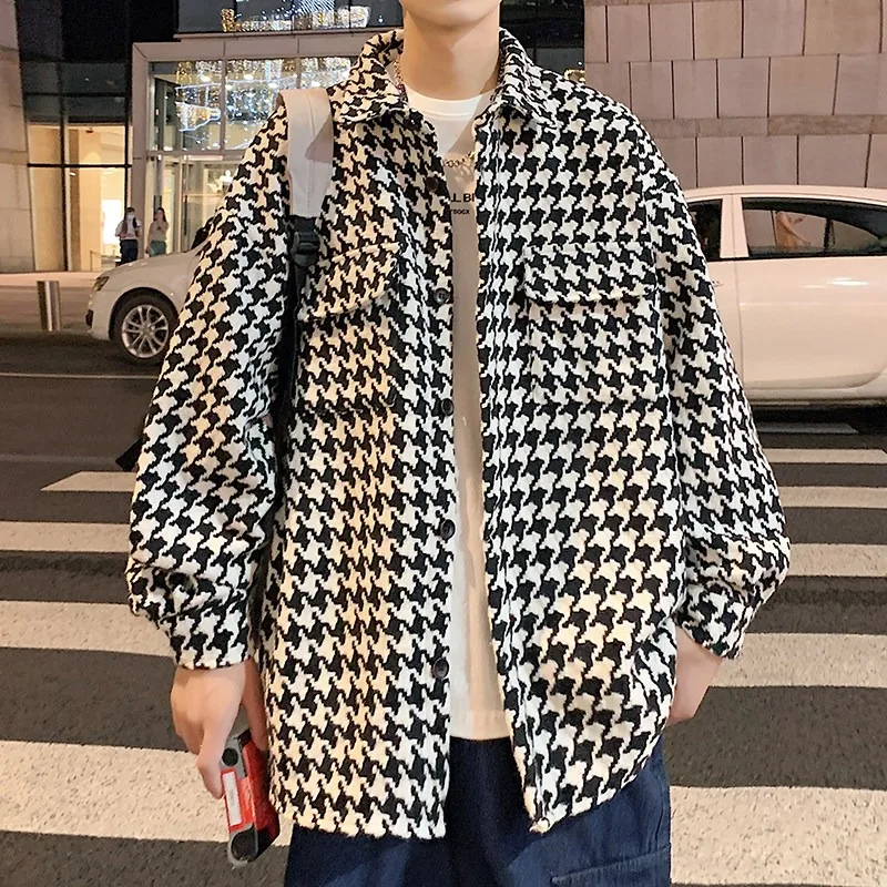Men Houndstooth Tweed Shirt Jacket Lapel Collar Button Up Loose Oversized Vintage Casual Streetwear Male Outer Coat