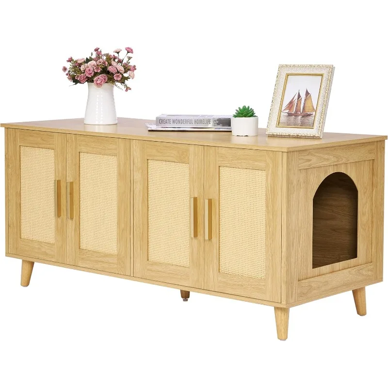 

Boho Cat Litter Box Enclosure for 2 Cats, Wooden Cat Washroom Furniture with Double Rattan Decorated Doors, Pet House,47