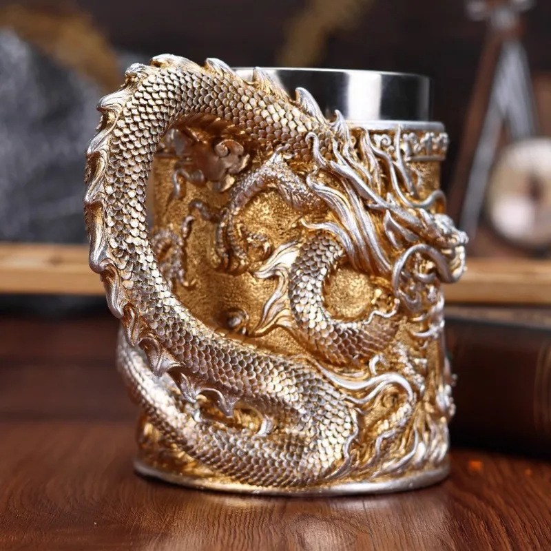 500ML Golden Copper Dragon Beer Resin Tankard 304 Stainless Steel Medieval Tea Cup Coffee Beer Mug Copper Color New Party Bar
