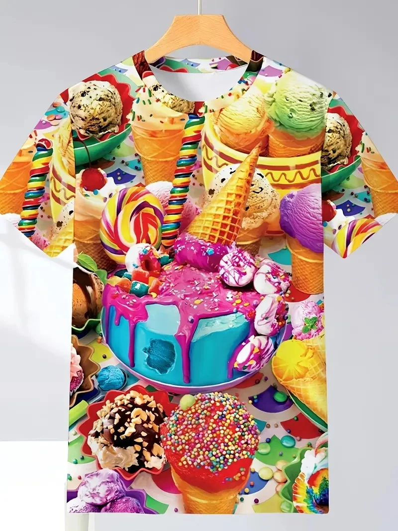メンズプラスサイズ3Dプリントアイスクリーム柄プリントTシャツファッションサマークルーネック半袖キッズ向けトレンド新作Tシャツ
