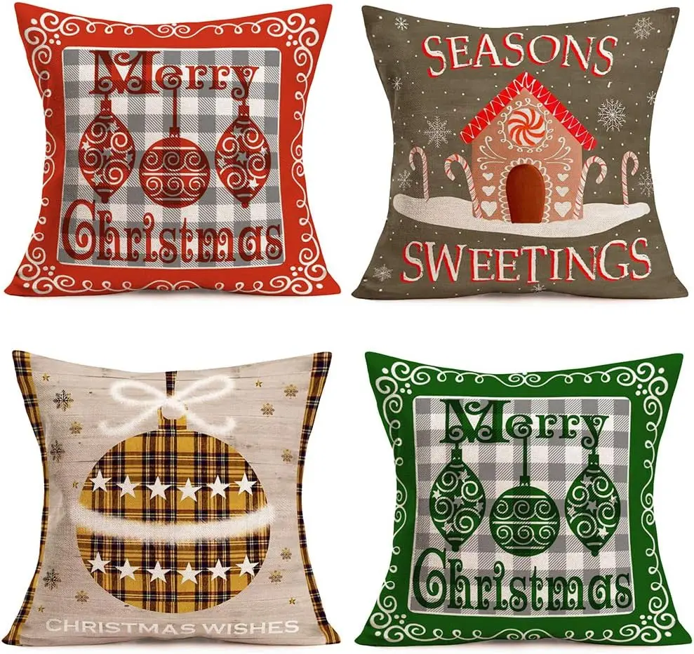 Merry Christmas Winter Candy Pillow Cushion Cover Christmas Decoration Wish Quotation Linen Pillow Cover Suitable for Home