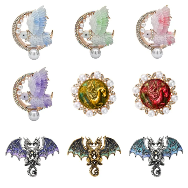 Fantasy creature enamel brooch, featuring winged owls, pegasi, and dragons, an excellent choice for fantasy enthusiasts