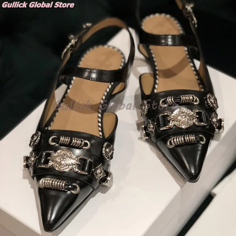 

2024 New Arrival Pointed Toe Shallow Metal Decoration Punk Style Ankle Buckle Sandals Summer Dress Cool Girls Shoes Cosy Casual