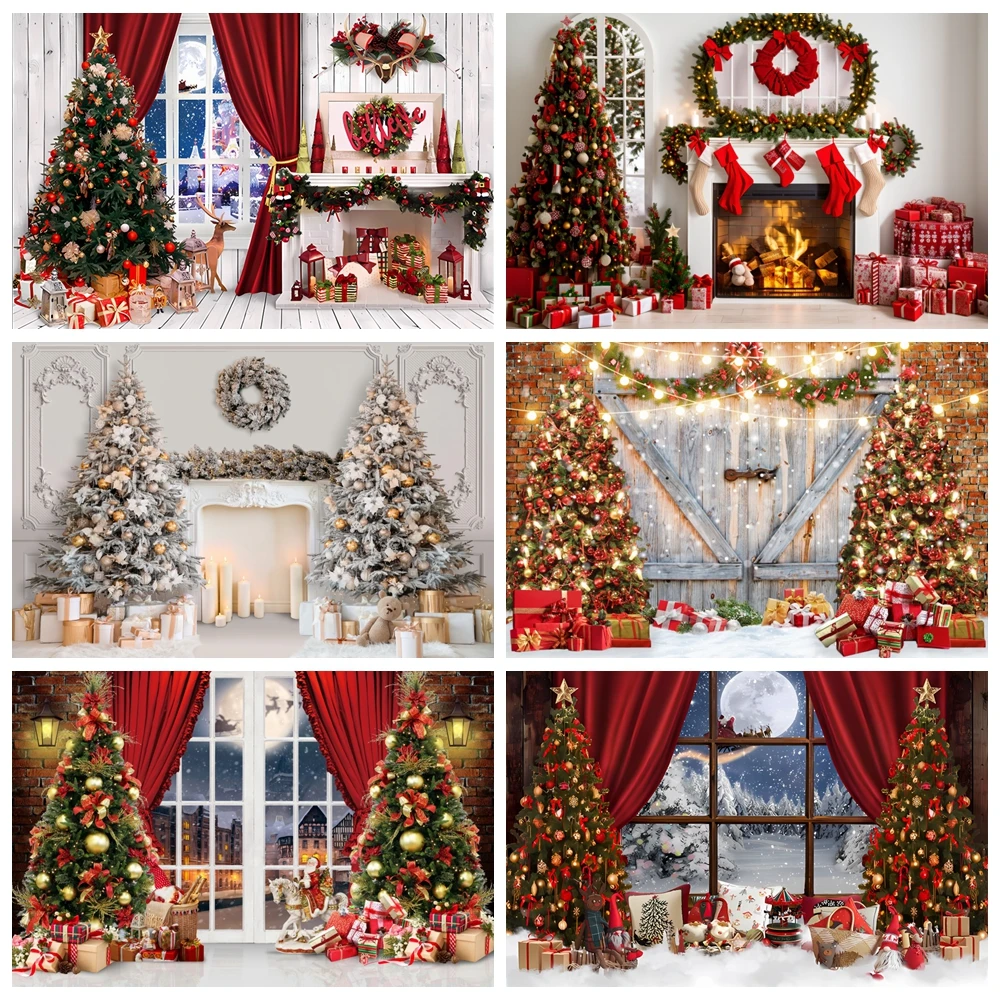 

Christmas Tree Backdrop Xmas Fireplace Window Santa Claus Gifts Brick Wall Winter Adult Family Party Baby Photography Background