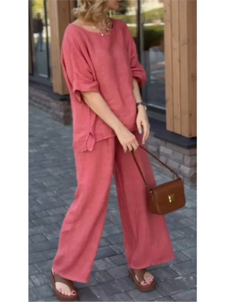 Summer Solid Color Linen Suit Women's Fashion Loose Blouse Tops & Casual Wide Leg Pants Two-piece Sets Women Outfits Autumn New