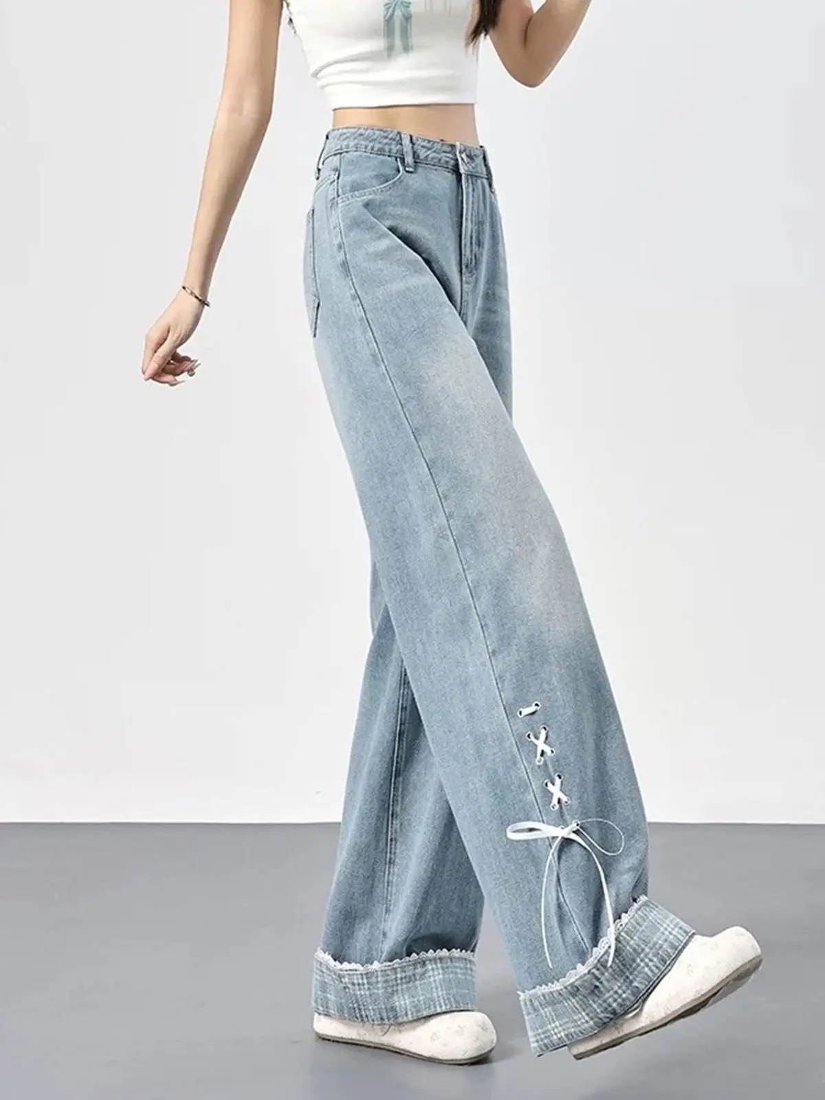 Y2K Bow Plaid Flared Wide Leg Jeans Women Design Sense Straight Leg Pants American Retro