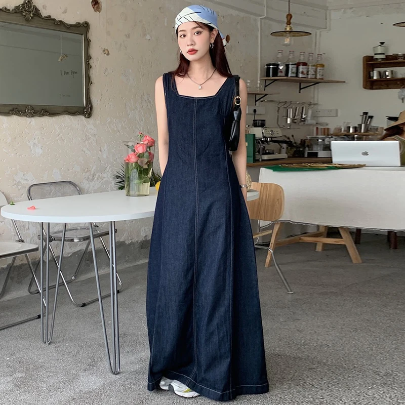 Retro Quadrat Kragen Slim Fit Weste Design Sommer Chic Denim Dr frauen Hohe Taille Langen Rock Sle Svel Koreanische faion