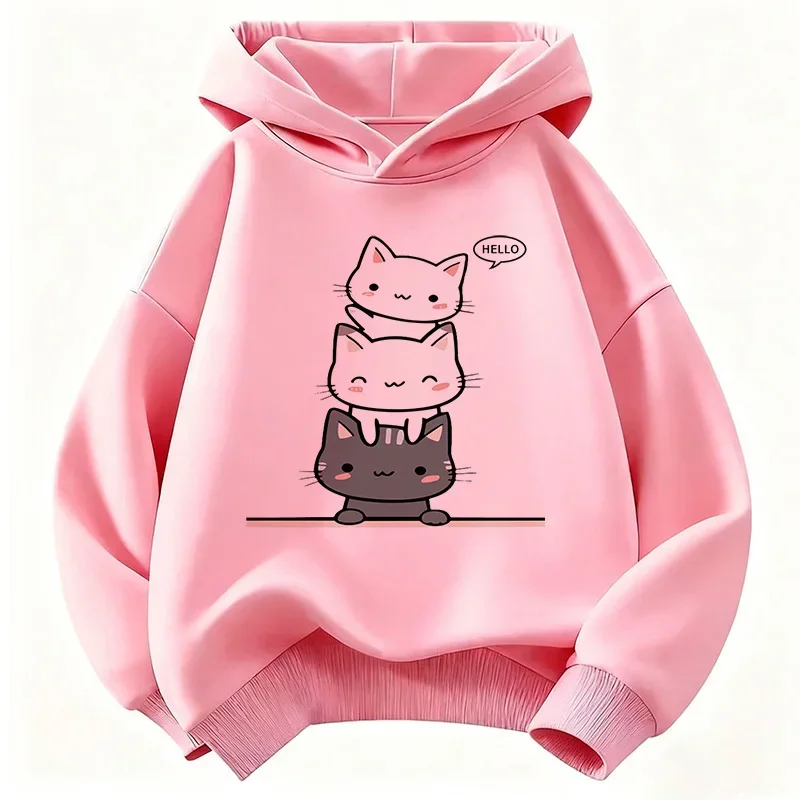 Katzen-Hoodie, süß, Kawaii, gestapelte Katzen, Hello Cartoon, minimalistisch, ästhetisch, Oversized, lässig, Sport-Sweatshirts für Kinder – Detail 2