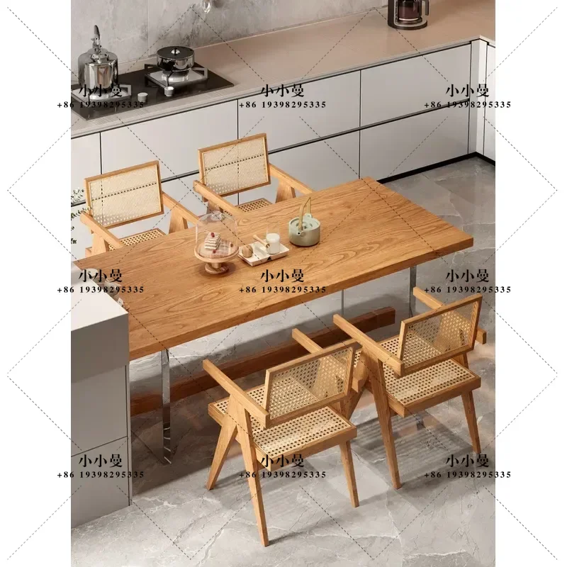 Modern Simple Acrylic Suspended Dining Table and Chair Set with Ash Wood Middle Island Countertop Solid Wood Workbench for