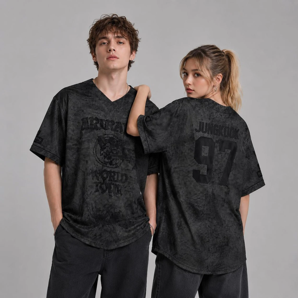 BTS Jungkook 97 Print V Neck Mesh Baseball Jersey T‑Shirts for Men