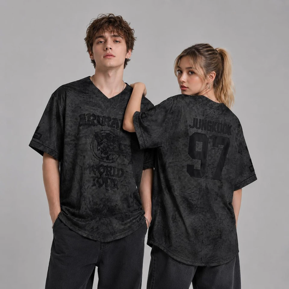 BTS Jungkook 97 Print V Neck Mesh Baseball Jersey T‑Shirts for Men