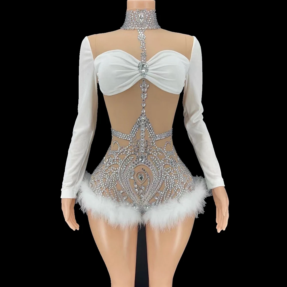 Sparkly Rhinestones Long Sleeve Transparent Feather Bodysuit Sexy Dance Costume Birthday Party Night Outfit Leotard Stage Wear