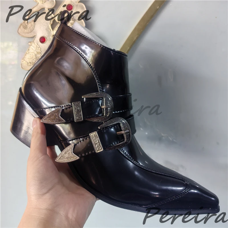 Black Fur Patent Leather Chelsea Boots British Metal Buckle Pointy Toe High Heel Ankle Boots Zebra Pattern Casual Business Shoes