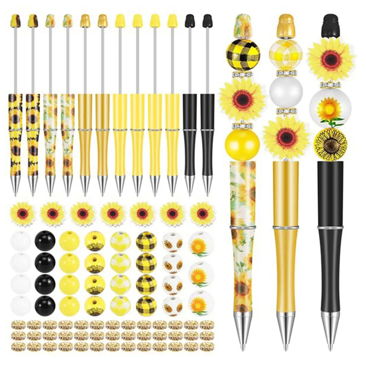 【Best Seller】12 Set Plastic Beadable Pens Assorted Bead Pens Wood Beads Spacer Beads Set Round Beads Black Ink Ballpoint Pen