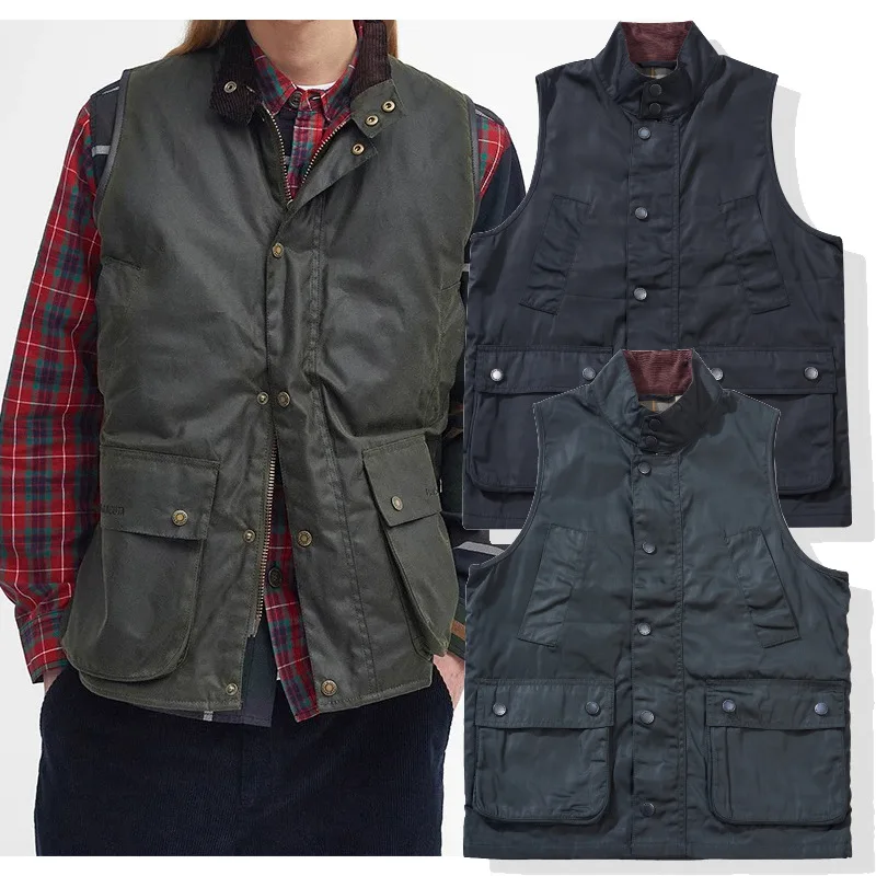 

Autumn Winter British Retro Replica Vintage Waxed Safari Vest with Stand Collar American Vintage Sleeveless Jackets