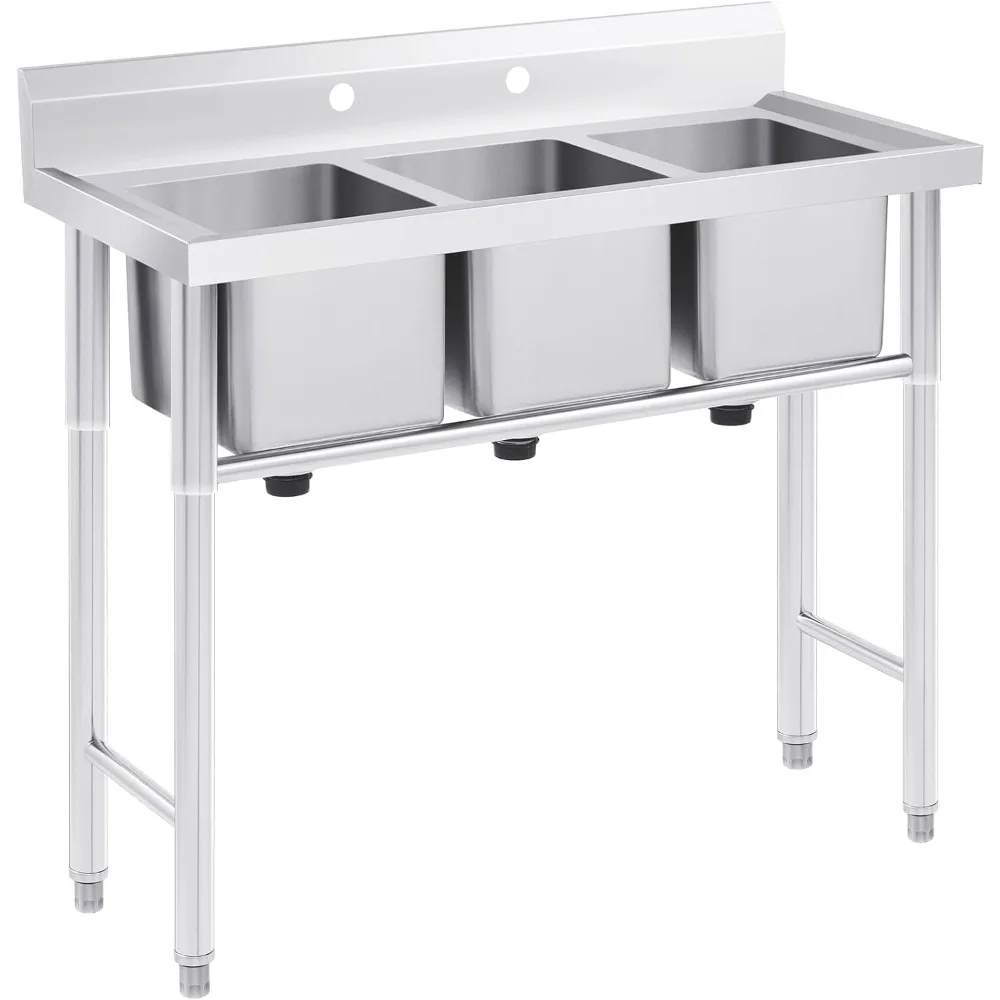 

Commercial Stainless Steel 3-Compartment Sink for Restaurants - Freestanding Kitchen Prep Station with Strainer