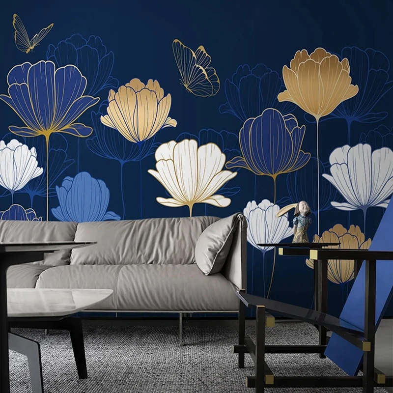 Custom Art Wallpaper Blue Color Background Flower Butterfly Pattern Decoration Wall Mural Home Improvement Building Supplies