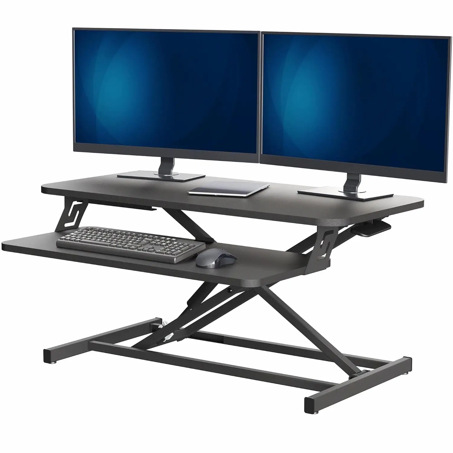 

Height Adjustable 32 inch Stand Up Desk Converter, Quick Sit to Stand Tabletop Dual Monitor Riser Workstation, Black, DESK-V000S