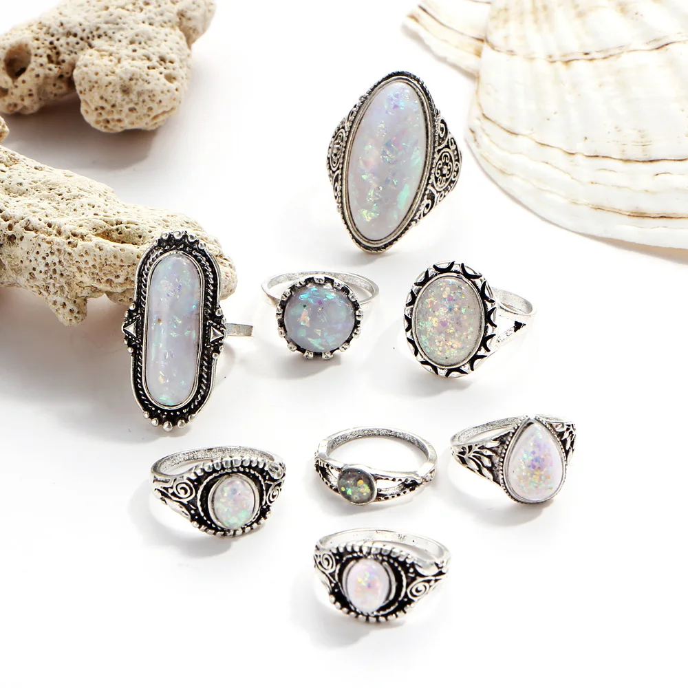 Europe And The United States Summer New Australian Treasure Retro Ring Set Of 8 Pieces