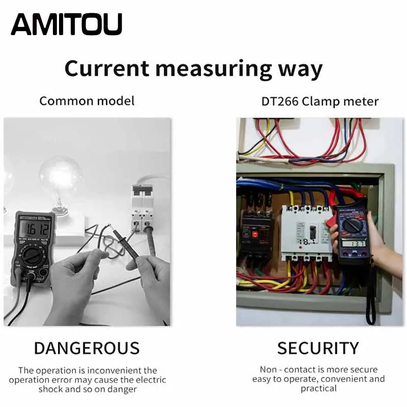 Profesjonalny miernik cęgowy AMITOU DT266 z wyświetlaczem LCD 1999, miernik cęgowy AC/napięcie prądu stałego, Tester, uchwyt cyfrowego miernika