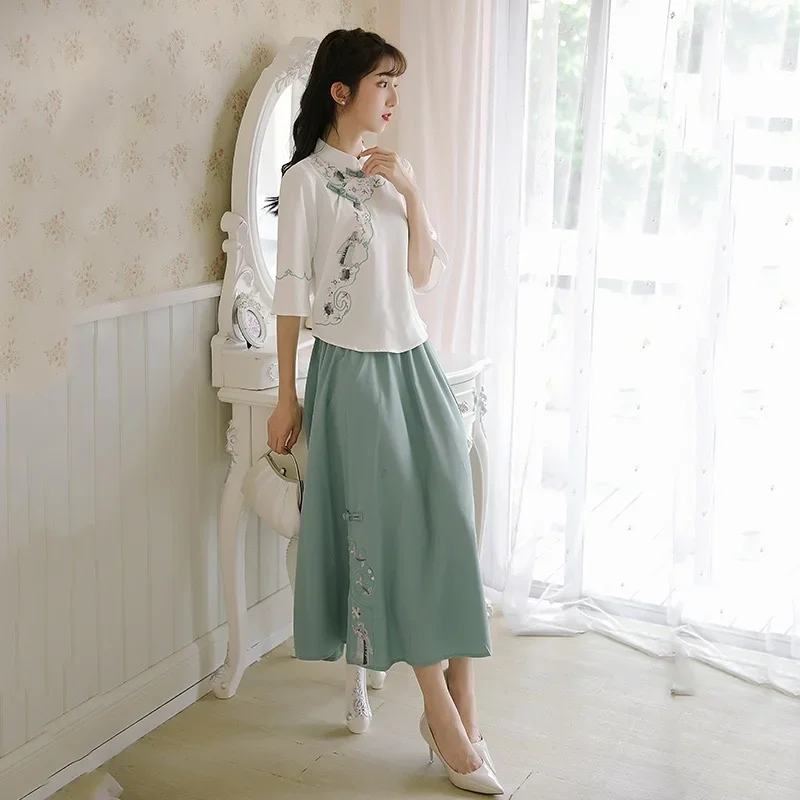 Summer Women Chinese Tai Chi Clothing Women Traditional Retro Casual Yoga Woman Hanfu Blouse Skirt 2 Piece Sets For Women 11812