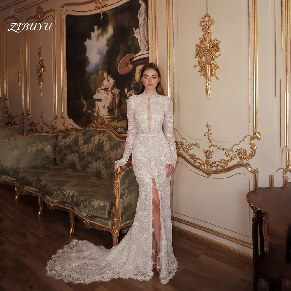 

ZIBUYU Customized 2026 Elegant Luxury Wedding Dress High Neck Illusion Floral Lace Appliques High Slit Long Sleeves Bridal Gonws