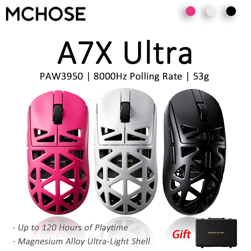 

MCHOSE A7X Ultra Wireless Three mode Gaming Mouse PAW3950 Magnesium Alloy TI Sensor Omron Optical 8000Hz Ultra-High Polling Rate