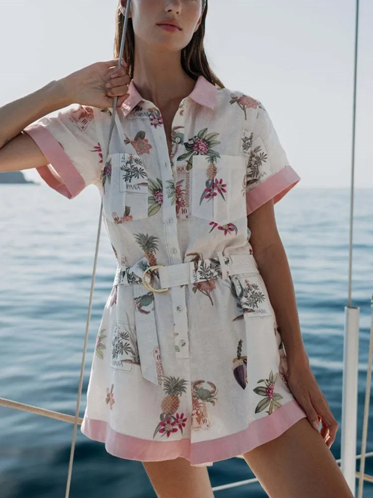 

Summer New Arrival Elegant Button Cardigan For Women Jumpsuits Fashion Printed Lace-up Casual Office Ladies Lapel Shirt Rompers
