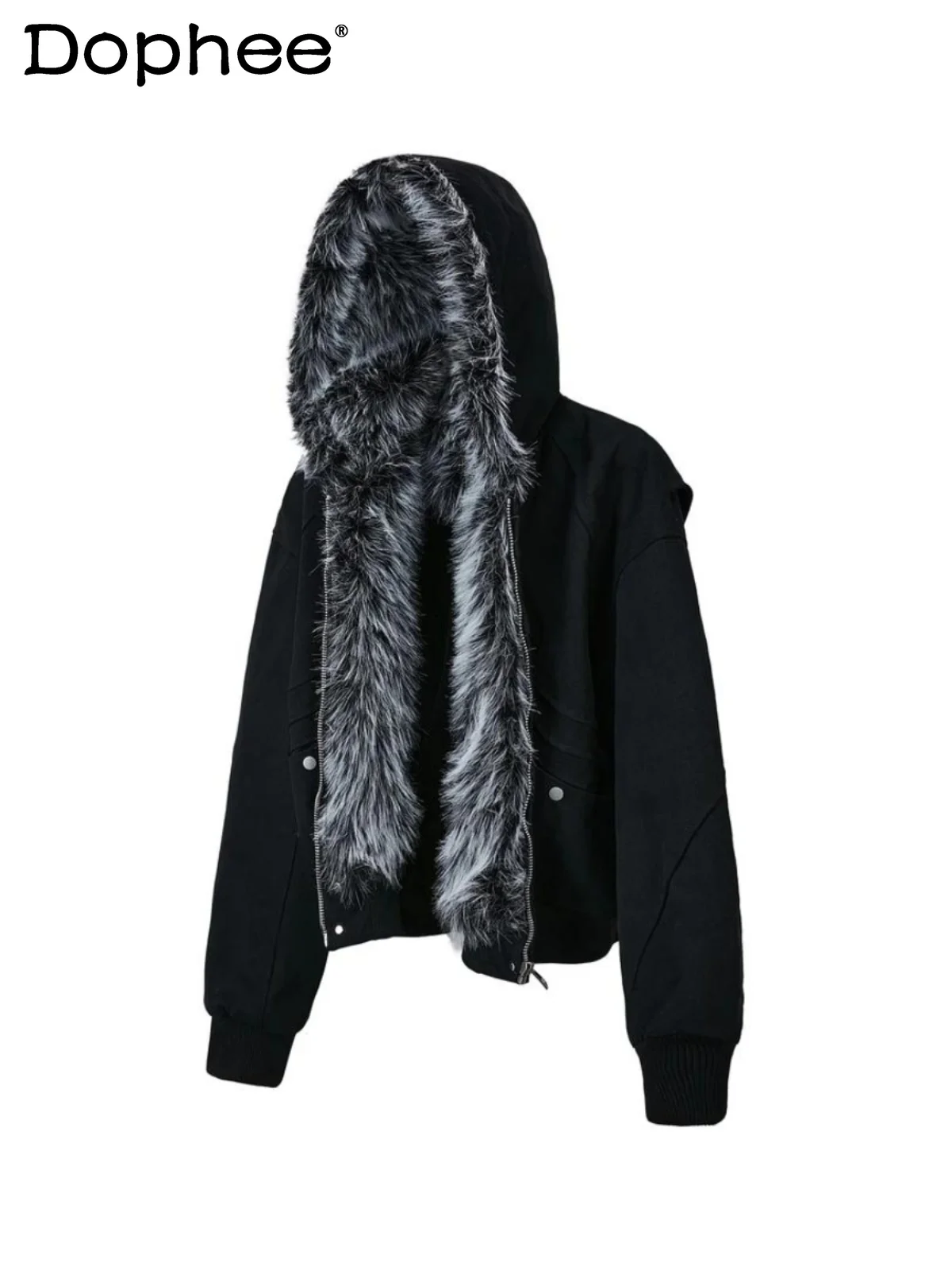 

American Style Trendy Fashion Fleece-Lined Hooded Jacket Winter Faux Fur Warm Zipper Loose Casual Cotton Coat for Men