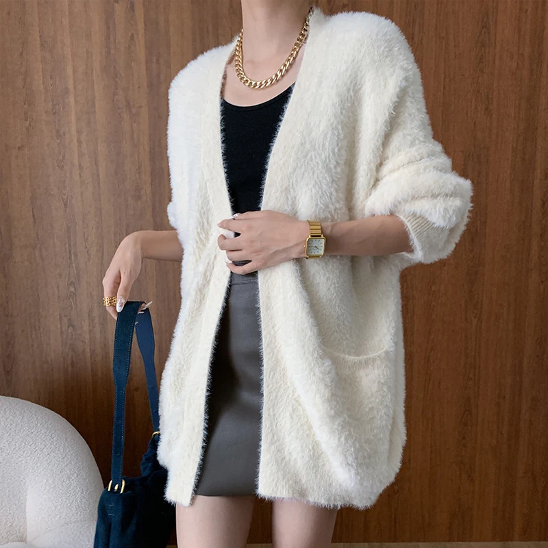 2024 Women New Autumn Knitted Furry Cardigans Sweater Coat Open Stitch Long Sleeve Women Beige Sweater Tops Loose Style Coat