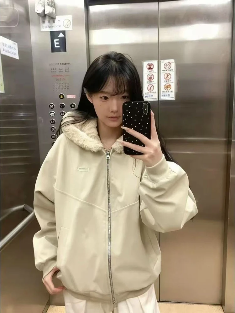 

Winter Thick Hooded Jacket Women Vintage Streetwear Zipper Loose Casual Coats Long Sleeve Solid Preppy Retro Pocket Female Tops