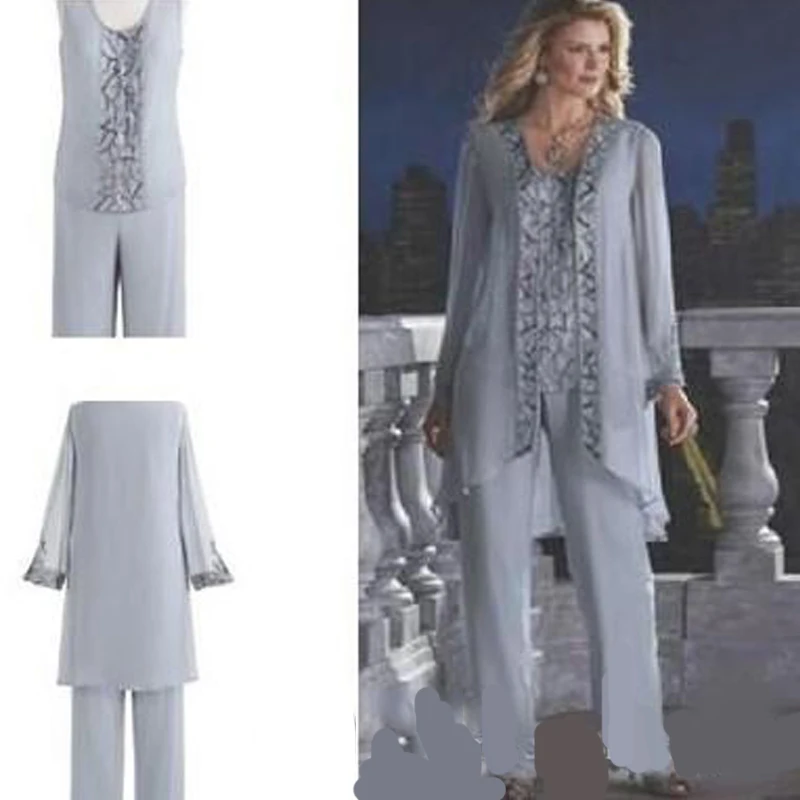 Mother Of The Bride Groom 3 Piece Pant Suit Silver Chiffon Beach Wedding Mothers Dress Long Sleeves Beads Formal Evening Wear