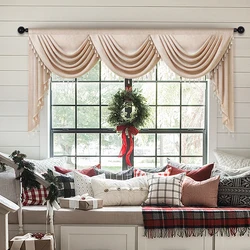 1pc Elegant European Waterfall Swag Valance with Tassel ,Coffee Window Curtain Valance for Christmas Celebration Room Decor