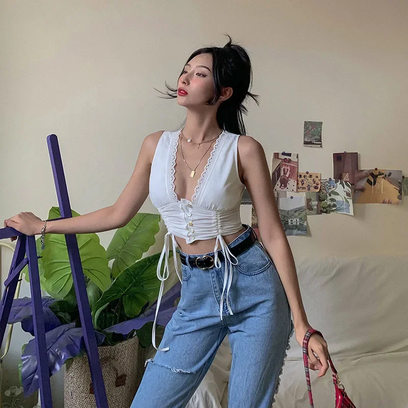 New Fashion French Style Romatic Slim Irregular Tank Tops Drawstring Sexy Deep V-neck Crop Tops 2024 Summer Clothes for Women