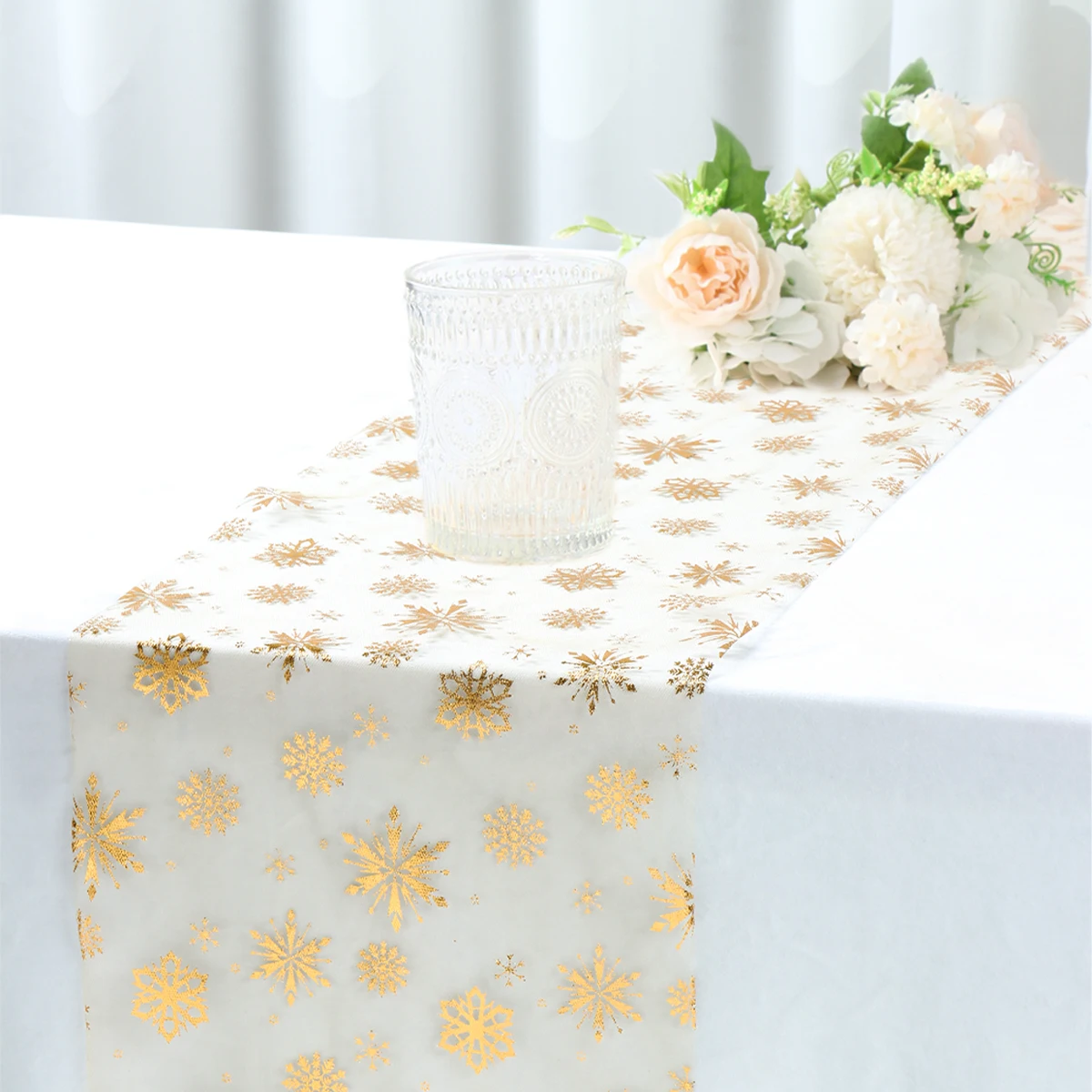 Christmas Table Runner Metallic Foil Snowflake Reindeer Dining Table Cover Thin Mesh Tablecloth Xmas Decorations For Home 2024