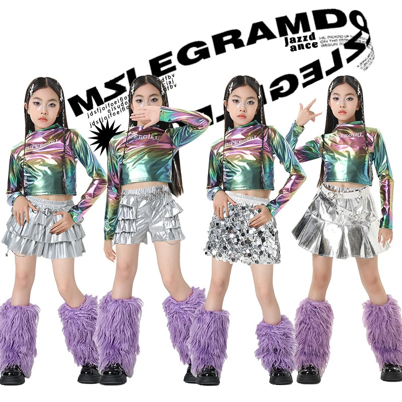 

Детский лазерный топ, шорты с блестками, костюм для джазовых танцев для девочек, детская одежда для выступлений на сцене, K-pop, танцевальная одежда в стиле хип-хоп XS10775