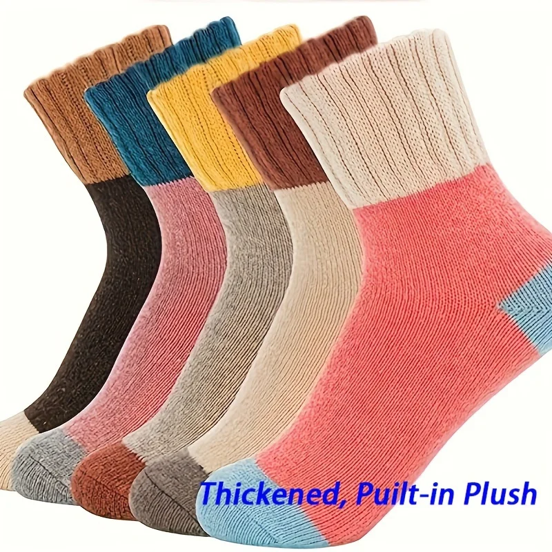 

5 pairs of warm and comfortable socks, with color blocked geometric patterns | New Arrival/Thermal Socks/Thick Knitted Socks